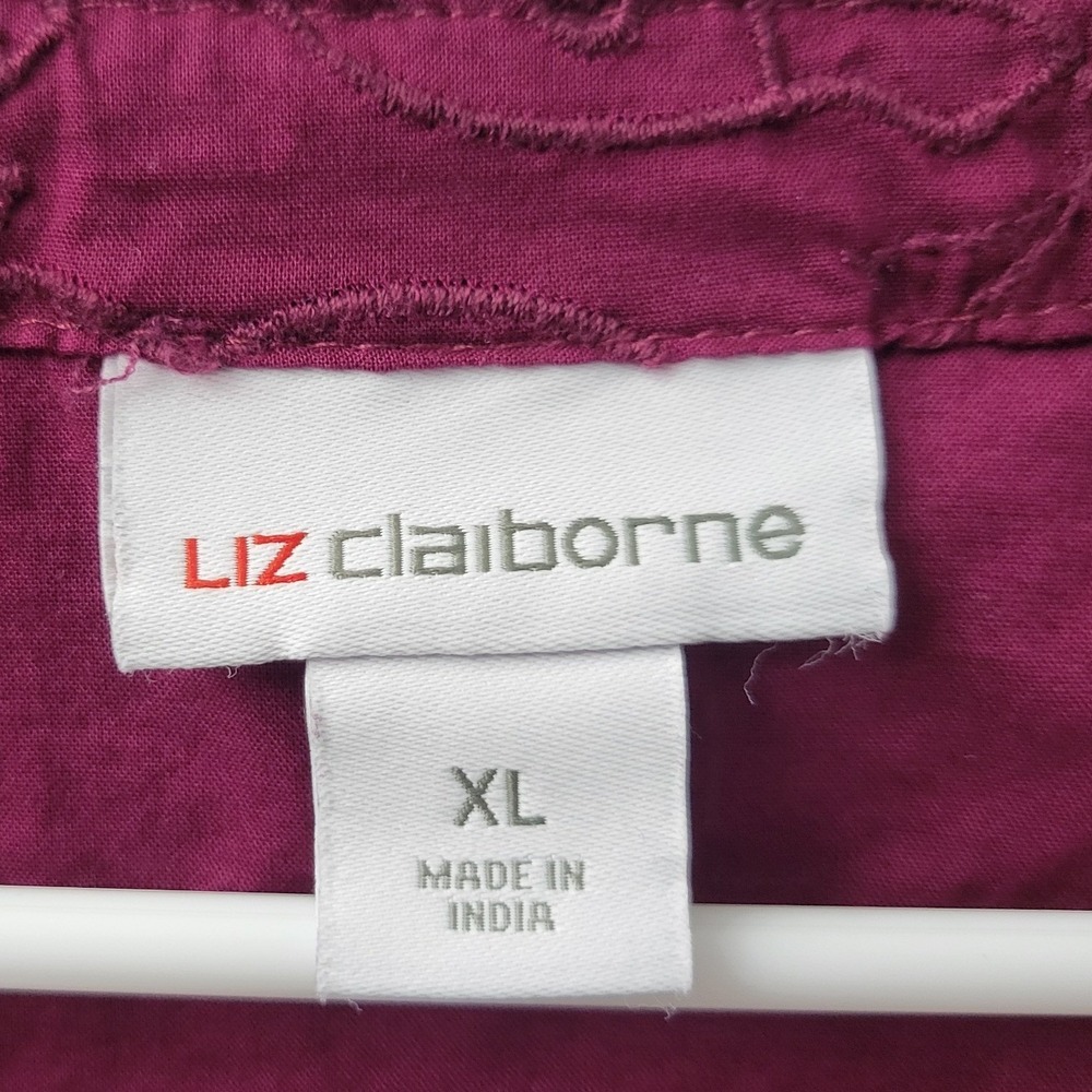 Liz Claiborne Wild Cherry Eyelet Cotton Button Front Midi Dress Pockets XL - Picture 3 of 12